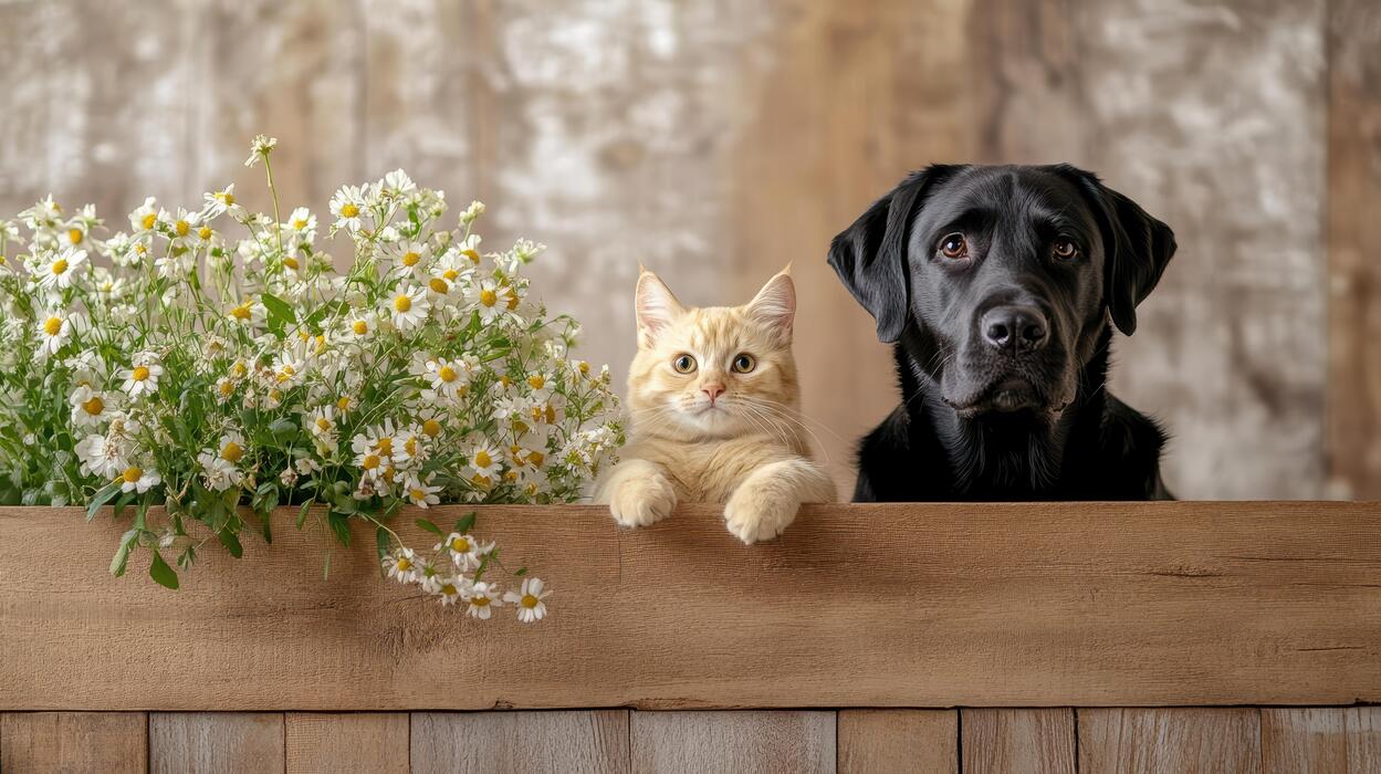 A dog and cat peeking over a wooden fence next to a daisy arrangement — placeholder image, to be replaced with real photography